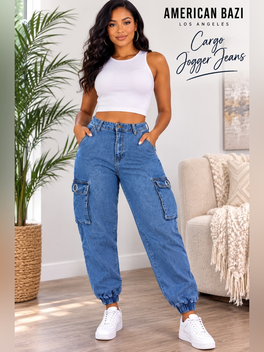 American Bazi Blue Denim Cargo Jogger Jeans Size M